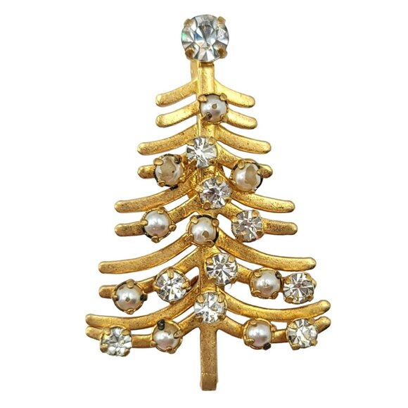 Austria Vintage Gold Tone Clear Rhinestone Faux Pearl Christmas Tree Brooch
